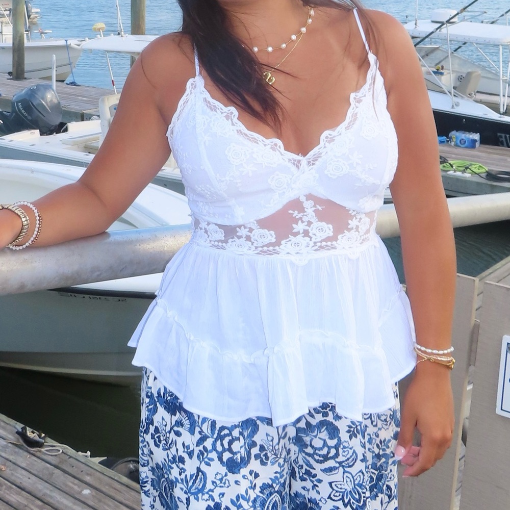 Francesca's Collections Blue Rain White Lace Top